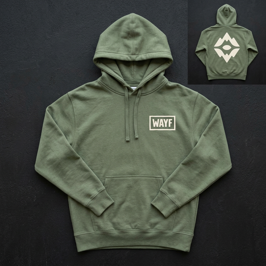 Green WAYF hoodie with back logo inset
