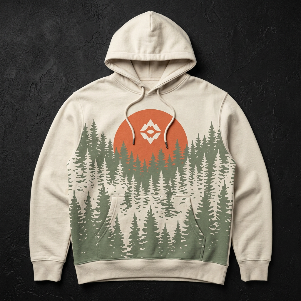 Cream Wayfarer hoodie with forest and sunset artwork